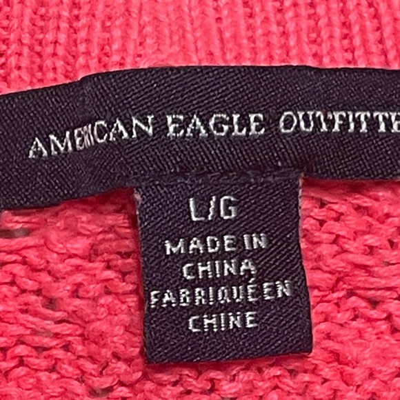American Eagle Bright Pink Open Knit Wide Neck Raglan Sleeve 1/4 Zip Sweater Lg - Picture 7 of 7
